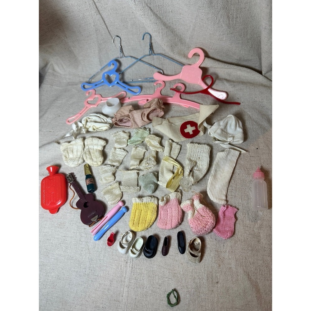 Vintage Doll socks, missing shoes, hangers nurse hat & more